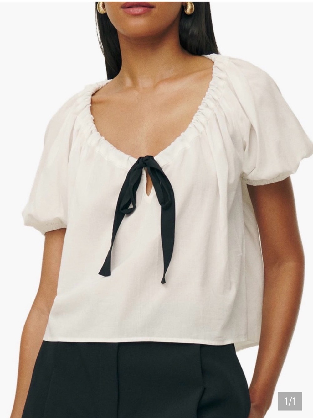 Reformation White Puff Sleeve Tie-Front Blouse with Black Bow